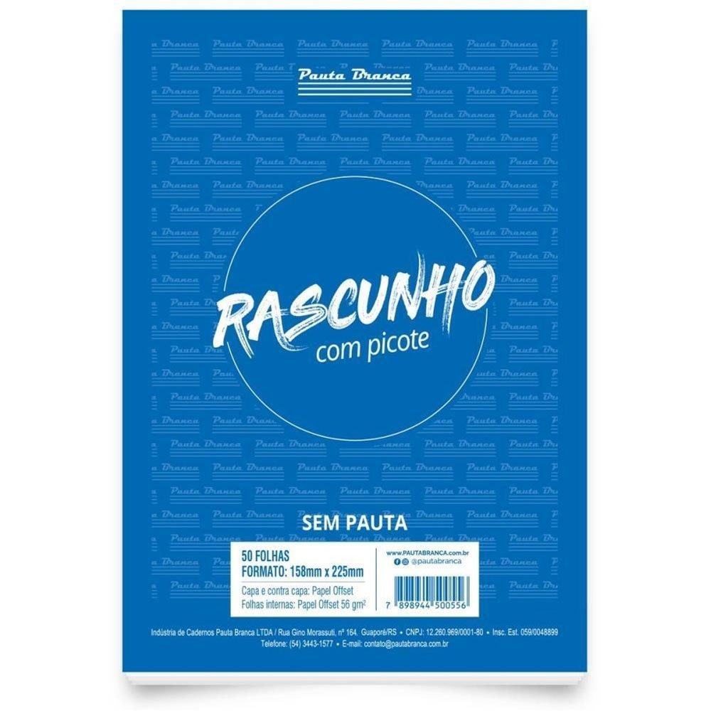 BLOCO RASCUNHO 158X225 C/PICOTE S/PAUTA 50F PAUTA BRANCA